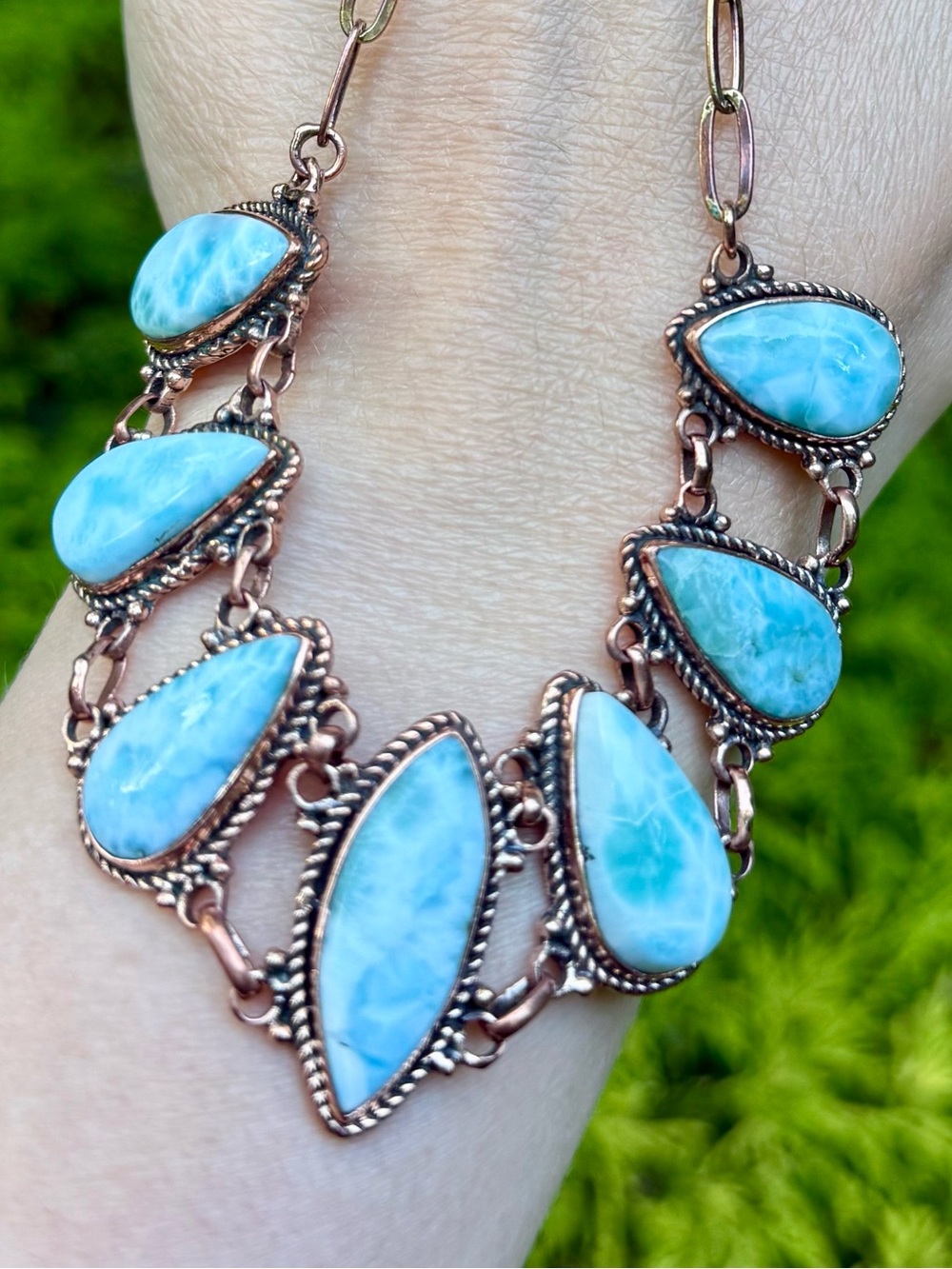 NL14 Genuine Dominican Larimar GODDESS Paperclip Rose Gold Tone Necklace/Choker